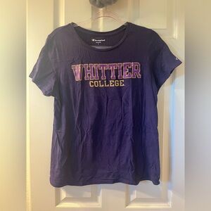 whittier college women’s purple and gold glittery short sleeve logo top